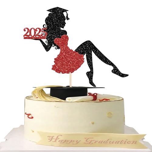 1 Stück Mädchen Abschluss Tortendeko Glitzer Grad Cap Diploma Kuchen Deko 2025 Senior Graduation Cake Pick für 2025 Mädchen Schule Abschluss Theme Party Kuchen Dekoration Cake Pick Rot von SYKYCTCY