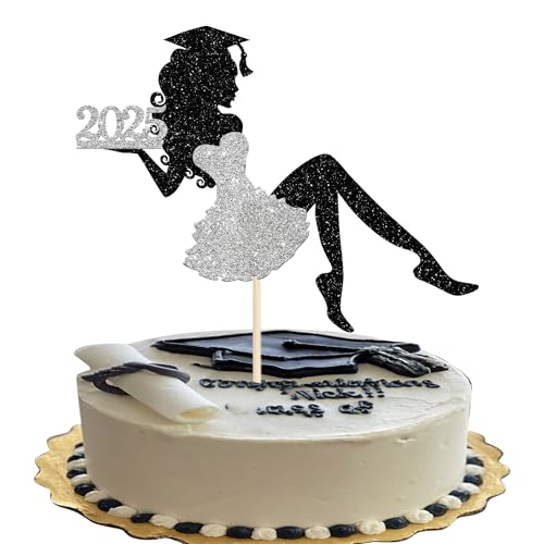 1 Stück Mädchen Abschluss Tortendeko Glitzer Grad Cap Diploma Kuchen Deko 2025 Senior Graduation Cake Pick für 2025 Mädchen Schule Abschluss Theme Party Kuchen Dekoration Cake Pick Silber von SYKYCTCY