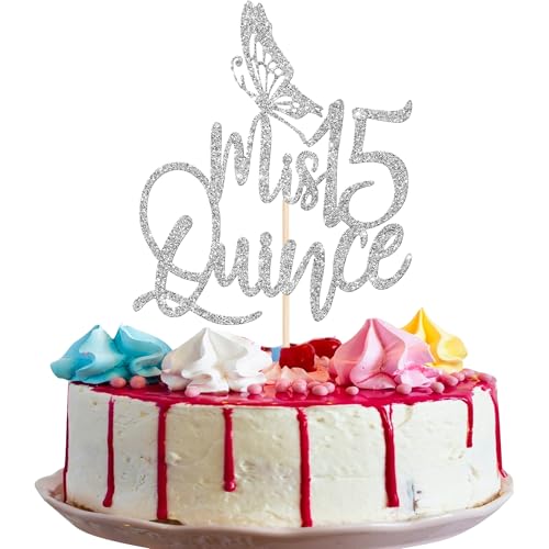 1 Stück Mis Quince 15 Cake Topper Glitzer Hallo 15 Fabelhaft Tortendeko Prost auf 15 Jahre Kuchen Deko für 15th Geburtstag Jahrestag Party Kuchen Dekorationen Silber von SYKYCTCY