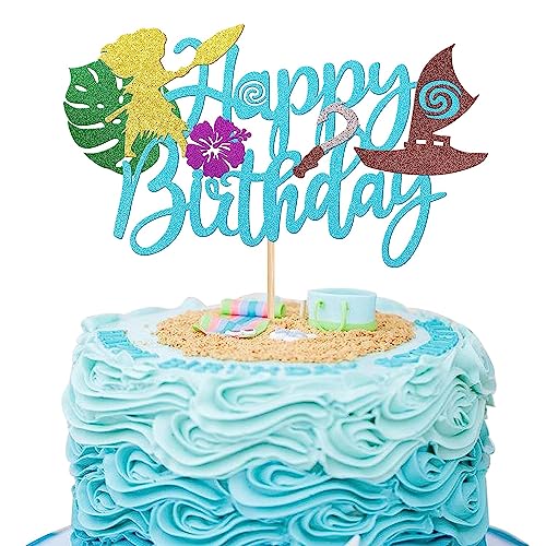 1 Stück Moana Inspired Tortendeko Glitzer Palm Leaf Blume alles Gute zum Geburtstag Kuchen Deko Cake Topper für tropische hawaiianische Luau Thema Baby Dusche Kinder Geburtstag Party Blau von SYKYCTCY