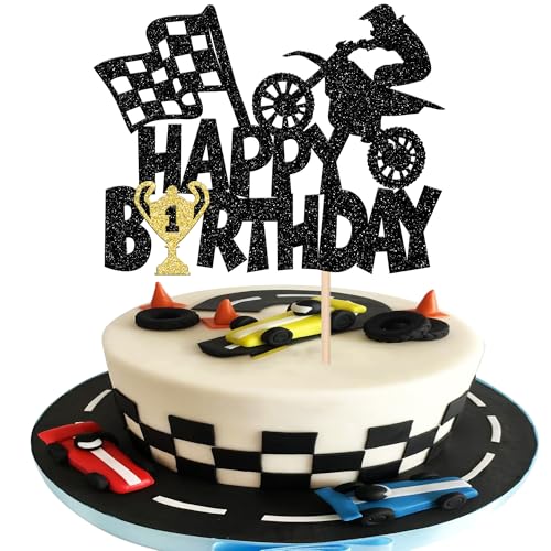 1 Stück Motorrad Tortendeko Glitter Motocross Dirt Bike Cupcake Toppers für Motocross Thema Kuchen Deko Mann Junge Geburtstag Party Kuchen Dekoration Schwarz von SYKYCTCY