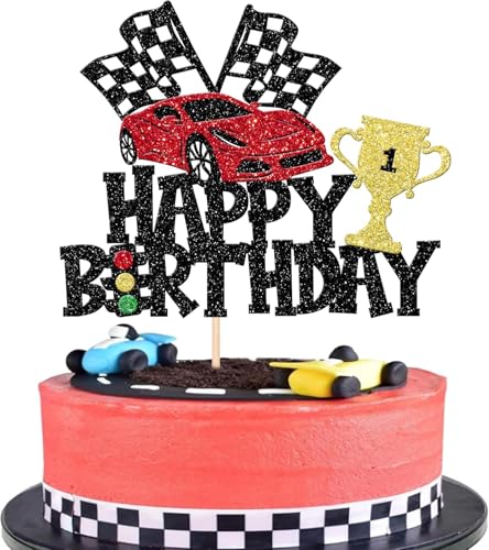 1 Stück Motorrad Tortendeko Glitzer Happy Birthday Motocross Dirt Bike Kuchen Deko für Motocross Thema Kuchendeko Mann Junge Geburtstag Party Kuchen Dekoration Schwarz Rot von SYKYCTCY