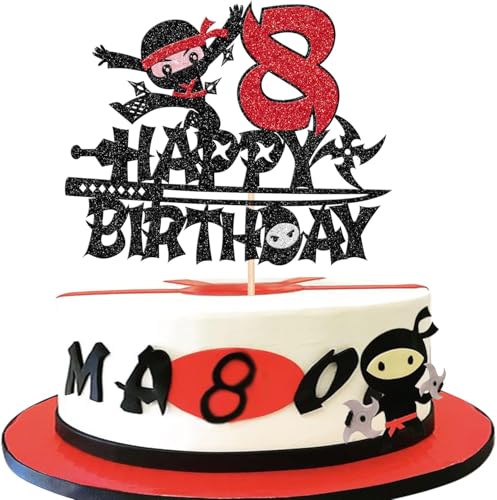 1 Stück Ninja 8th Tortendeko Happy Birthday Ninja Cake Topper Kampfsport Karate Kung Fu Krieger Kuchendekoration für Ninja Thema Kinder 8th Geburtstag Party Kuchen Dekorationen von SYKYCTCY