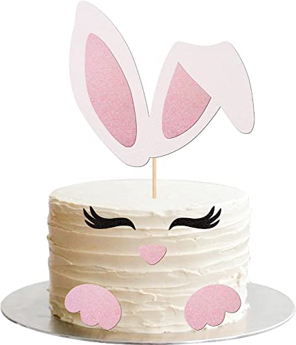 1 Stück Hasenohren Tortendeko, Cake Topper mit Glitter Wimpern Nase Pfote Happy Easter Kuchen Dekoration Cupcke Topper für Ostern Kaninchen Thema Baby Dusche Kinder Geburtstag Party Rosa Weiß von SYKYCTCY