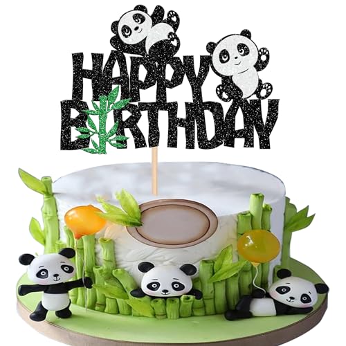1 Stück Panda Happy Birthday Tortendeko Glitzer Grün Bambus Cake Topper Niedliches Tier Kuchen Deko für Baby Dusche Kinder Geburtstag Party Kuchen Dekoration Schwarz von SYKYCTCY