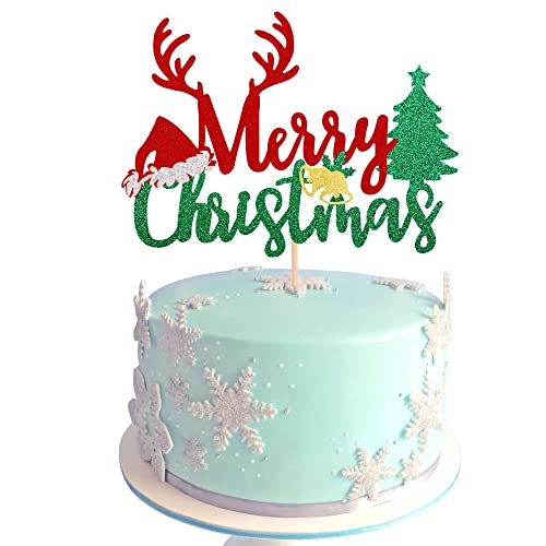 1 Stück Rot und Grün Glitter Merry Christmas Kuchen Topper Weihnachtsbaum Santa Hut Kuchen Picks Frohe Weihnachten Thema Happy New Year Party Dekorationen Zubehör von SYKYCTCY