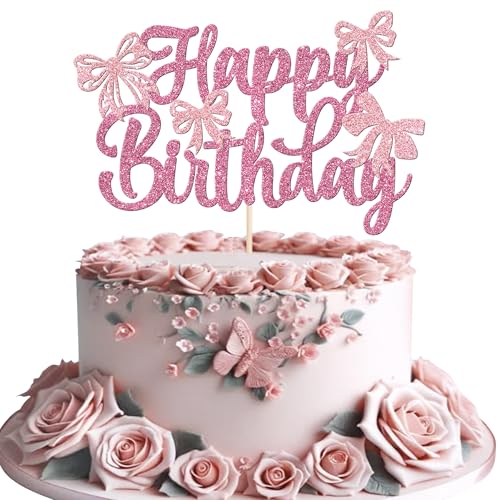 1 Stück Schleife Geburtstag Kuchen Deko Happy Birthday Schleifenknoten Tortendeko Bowknot Cake Topper für Prinzessin Thame Baby Dusche Mädchen Geburtstag Hochzeit Party Kuchen Dekorationen Rosa von SYKYCTCY