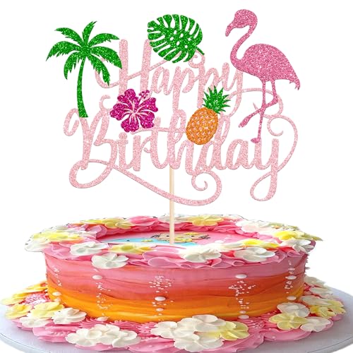 1 Stück Sommer Thema Tortendeko Glitzer Flamingo Tropische Palme Kuchen Deko Ananas Blumen Happy Birthday Cake Topper für Hawaii Thema Baby Dusche Kinder Geburtstag Party Kuchen Dekorationen Rosa von SYKYCTCY