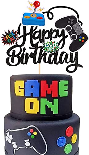 1 Stück Videospiel Geburtstag Tortendeko Glitter Gaming Happy Birthday Cake Topper Videospiel Thema Muffin Kuchen Deko Cake Dekoration für Jungen Kindergeburtstag Spiel Thema Party Dekoration Schwarz von SYKYCTCY
