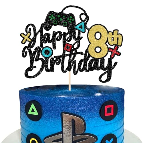 1 Stück Videospiel Happy 8th Birthday Cake Topper Glitzer Videospiel Tortendeko Spielkonsolen Kuchen Deko für Gaming Thema Jungen Mädchen 8th Geburtstag Party Kuchen Dekorationen von SYKYCTCY