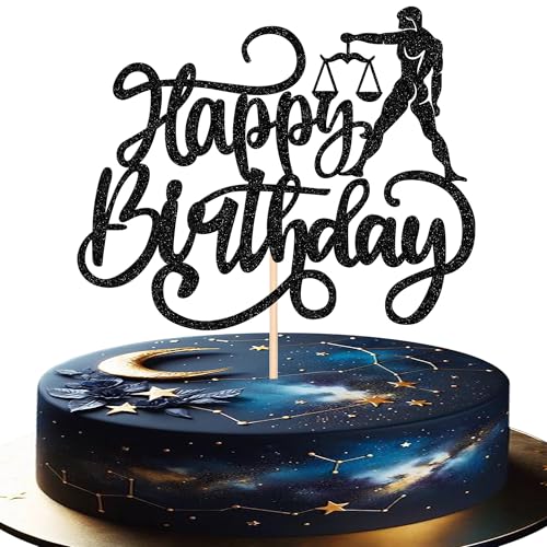 1 Stück Waage Tortendeko Glitter Happy Birthday Cake Topper 12 Sternbild Waage Kuchen Deko für September Oktober Horoskop Astrologie Geburtstag Party Kuchen Dekoration Schwarz von SYKYCTCY