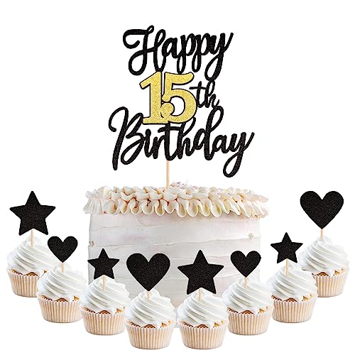11 Stück 15th Birthday Tortendeko Schwarz Gold Glitzer 15 Fabulous Kuchen Deko mit Stern Liebe Cheers to 15 Jahre alt Geburtstag Tortendekorationen für 15. Geburtstag Jahrestag Party Cake Topper 11 Stück 15th Birthday Tortendeko Schwarz Gold Glitzer 15 Fabulous Kuchen Deko mit Stern Liebe Cheers to 15 Jahre alt Geburtstag Tortendekorationen für 15. Geburtstag Jahrestag Party Cake Topper von SYKYCTCY