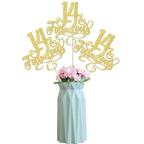 12 Stück 14 & Fabulous Tortendeko Glitzer Fourteen Fabluous 14th Assembled Geburtstag Tischblume Tafelaufsatz Sticks für Cheers to 14 Jahre alt Kuchen Deko Geburtstag Party Cupcake Toppers Gold von SYKYCTCY