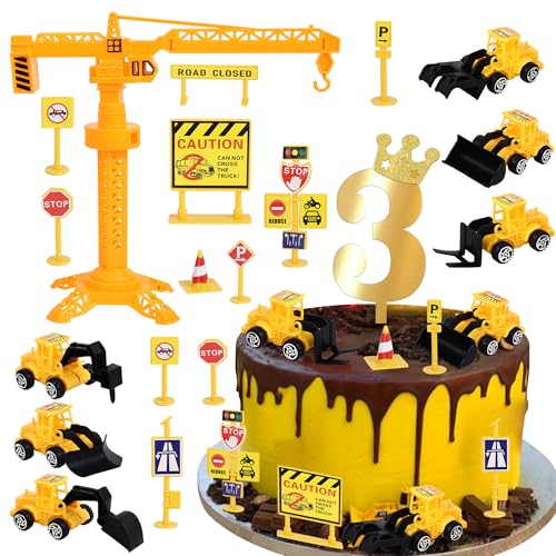 17 Stück Baufahrzeuge Tortendeko Set Acryl Anzahl 3 Cake Topper Straße Schild Turm Bagger Kuchen Deko für Bau Thema Baby Dusche Kinder 3. Geburtstag Party Kuchen Dekorationen von SYKYCTCY