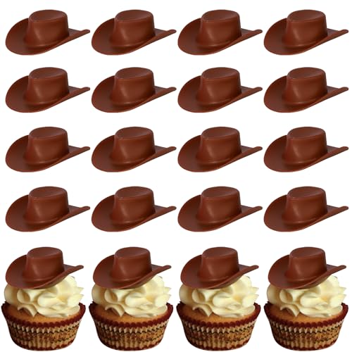 20 Stück Kunststoff Mini Cowboy Hut Tortendeko Western Cowgirl Hut Puppe Hüte Kuchen Deko Cowboy Puppenhaus Cupcake Toppers für Junge Mädchen Geburtstag Party Kuchen Dekoration Braun von SYKYCTCY