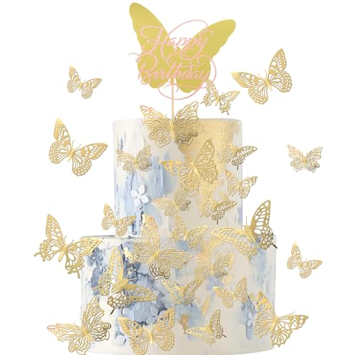 21 Stück 3D Lebendige Schmetterling Cupcake Toppers Glitzer Gemischte Geburtstag Butterfly Tortendeko Gemischte Schmetterlinge Kuchen Deko für Baby Dusche Kinder Jungen Mädchen Kuchen Dekoendeko Gold von SYKYCTCY
