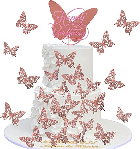 21 Stück 3D Lebendige Schmetterling Cupcake Toppers Glitzer Gemischte Geburtstag Butterfly Tortendeko Gemischte Schmetterlinge Kuchen Deko für Baby Kinder Jungen Mädchen Kuchen Dekoendeko Rosegold von SYKYCTCY