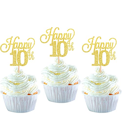 24 Stück 10 Cupcake Toppers Glitter"Happy 10th Birthday" Kuchen Topper Nummer 10 Achtzehn Sweet 10 Geburtstag Hochzeitstag Party Kuchen Dekorationen Zubehör Gold von SYKYCTCY