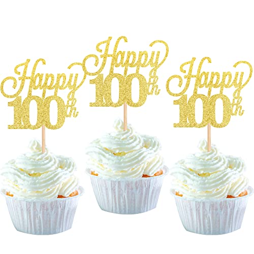 24 Stück 100 Cupcake Toppers Glitter"Happy 100th Birthday" Kuchen Topper Nummer 100 Achtzehn Sweet 100 Geburtstag Hochzeitstag Party Kuchen Dekorationen Zubehör Gold von SYKYCTCY