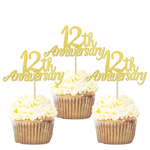 24 Stück 12 Anniversary Cupcake Toppers Glitter"Happy 12th Jahrestag" Kuchen Topper Nummer 12 Achtzehn Sweet 12 Geburtstag Hochzeitstag Party Kuchen Dekorationen Zubehör Gold von SYKYCTCY