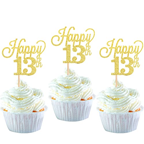 24 Stück 13 Cupcake Toppers Glitter"Happy 13th Birthday" Kuchen Topper Nummer 13 Achtzehn Sweet 13 Geburtstag Hochzeitstag Party Kuchen Dekorationen Zubehör Gold von SYKYCTCY