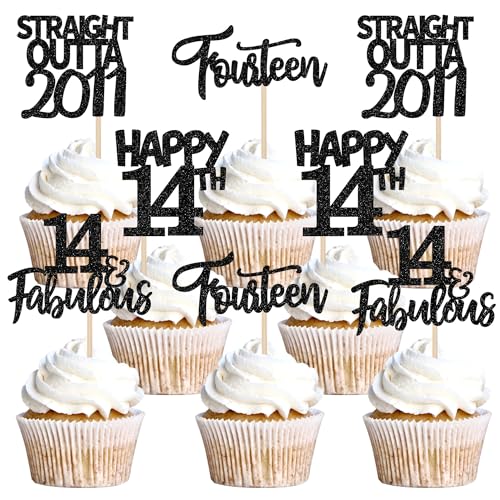 24 Stück 14th Geburtstag Tortendeko Straight Outta 2011 Cupcake Toppers Fourteen Awesome Since 2011 Kuchen Deko für 14. Geburtstag Jahrestag Party Kuchen Dekorationen Schwarz von SYKYCTCY