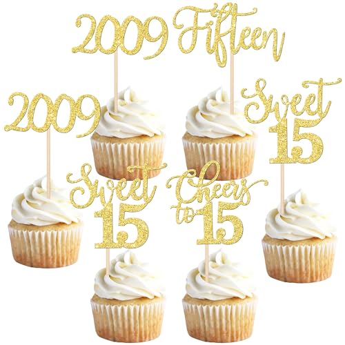 24 Stück 15. Geburtstag Cupcake Toppers Glitter Fifteen seit 2009 Sweet 15 Cupcake Picks Hello 15 Years Birthday Cake Decorations für Happy 15th Birthday Anniversary Party Supplies Gold von SYKYCTCY