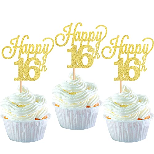 24 Stück 16 Cupcake Toppers Glitter"Happy 16th Birthday" Kuchen Topper Nummer 16 Achtzehn Sweet 16 Geburtstag Hochzeitstag Party Kuchen Dekorationen Zubehör Gold von SYKYCTCY