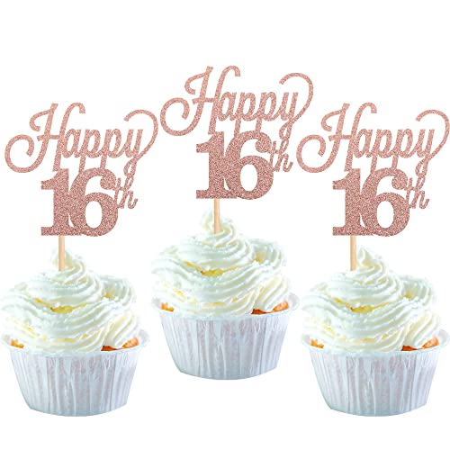24 Stück 16 Cupcake Toppers Glitter"Happy 16th Birthday" Kuchen Topper Nummer 16 Achtzehn Sweet 16 Geburtstag Hochzeitstag Party Kuchen Dekorationen Zubehör Rose Gold von SYKYCTCY