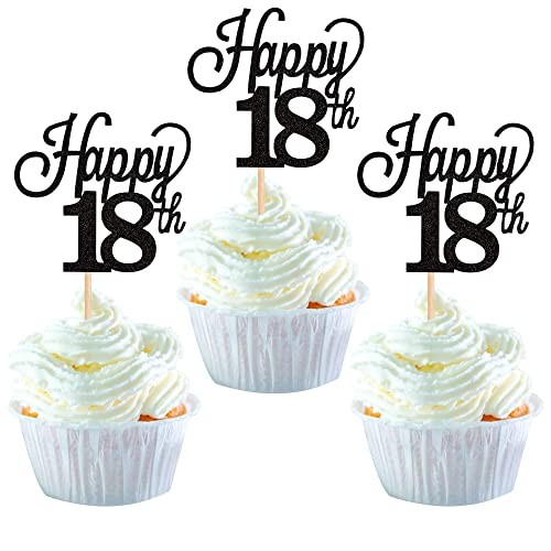 24 Stück 18 Cupcake Toppers Glitter"Happy 18th Birthday" Kuchen Topper Nummer 18 Achtzehn Sweet 18 Geburtstag Hochzeitstag Party Kuchen Dekorationen Zubehör Schwarz von SYKYCTCY