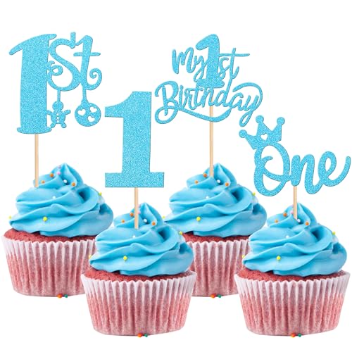 24 Stück 1st Geburtstag Tortendeko Glitzer Krone One Cupcke Toppers One Jahr alt Kuchen Deko für Baby Dusche Kinder Jungen Mädchen 1. Geburtstag Party Kuchen Dekorationen Blau von SYKYCTCY