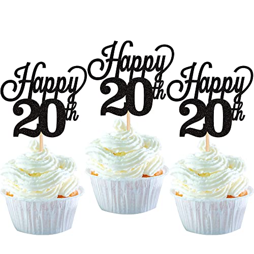 24 Stück 20 Cupcake Toppers Glitter"Happy 20th Birthday" Kuchen Topper Nummer 20 Achtzehn Sweet 20 Geburtstag Hochzeitstag Party Kuchen Dekorationen Zubehör Schwarz von SYKYCTCY