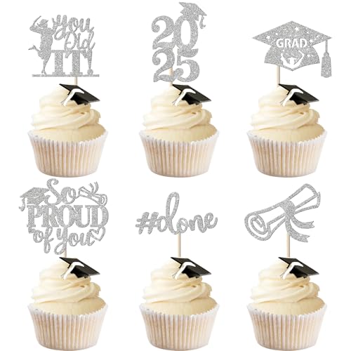 24 Stück 2024 Abschluss Tortendeko, 2024 Graduation Cupcake Toppers So Proud of You Kuchen Deko Grade Cap Torten Dekorationen für 2024 Abschluss Party Kuchen Dekoration (1-Silber) von SYKYCTCY