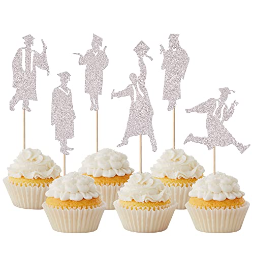 24 Stück 2023 Abschluss Tortendeko Glitzer Studenten Class of 2023 Cap Kuchen Deko 2023 Jungen Mädchen Cupcake Toppers Graduate Cupcake Picks für 2023 Abschluss Thema Kuchen Dekoration Party Silber von SYKYCTCY