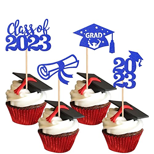 24 Stück 2023 Graduation Tortendeko Glitter Klasse von 2023 Diplom Grad Cap Cupcake Picks 2023 Graduation Thema Party Kuchen Dekorationen Cake Toppers Zubehör Blau von SYKYCTCY
