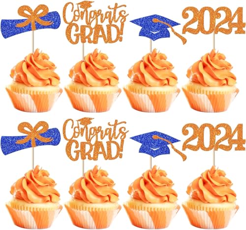 24 Stück 2024 Abschluss Tortendeko Glitzer Class of 2024 Cupcake Toppers Diplom Done Congrats Grad 2024 Kuchen Deko für 2024 Absolvent Thema Party Kuchen Dekoration Blau Orange von SYKYCTCY