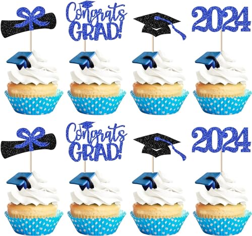 24 Stück 2024 Abschluss Tortendeko Glitzer Class of 2024 Cupcake Toppers Diplom Done Congrats Grad 2024 Kuchen Deko für 2024 Absolvent Thema Party Kuchen Dekoration Schwarz Blau von SYKYCTCY