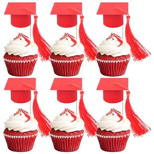 24 Stück 2025 Abschluss Kappe Tortendeko mit Quaste Cupcake Dekorationen Congrats Grad Cap Cupcake Toppers Class of 2025 Kuchen Deko für 2025 Graduierung Thema Party Kuchen Dekorationen Rot von SYKYCTCY