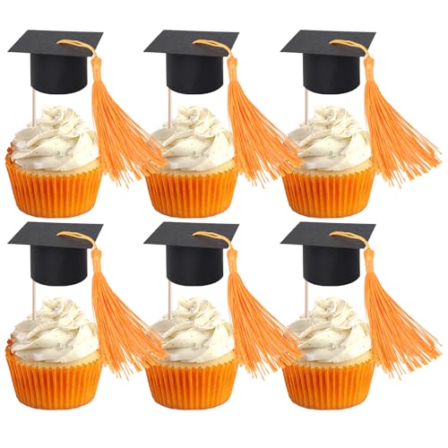 24 Stück 2025 Abschluss Kappe Tortendeko mit Quaste Cupcake Dekorationen Congrats Grad Cap Cupcake Toppers Class of 2025 Kuchen Deko für 2025 Graduierung Thema Party Kuchen Dekorationen Schwarz Orange von SYKYCTCY