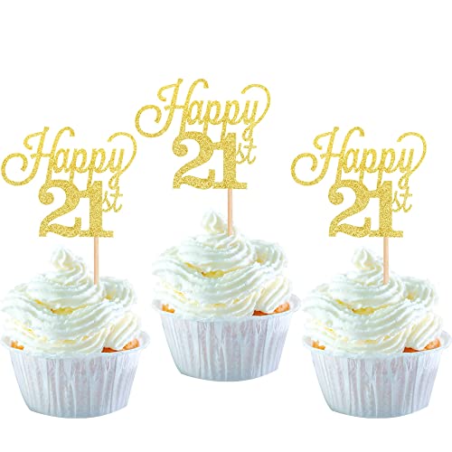 24 Stück 21 Cupcake Toppers Glitter"Happy 21st Birthday" Kuchen Topper Nummer 21 Achtzehn Sweet 21 Geburtstag Hochzeitstag Party Kuchen Dekorationen Zubehör Gold von SYKYCTCY