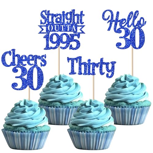 24 Stück 30th Geburtstag Cupcake Toppers Glitzer Straight Outta 1995 Kuchen Deko Hello 30 Thirty Tortendeko für Prost auf 30 Jahre Geburtstag Hochzeit Jahrestag Party Kuchen Dekoration Blau von SYKYCTCY