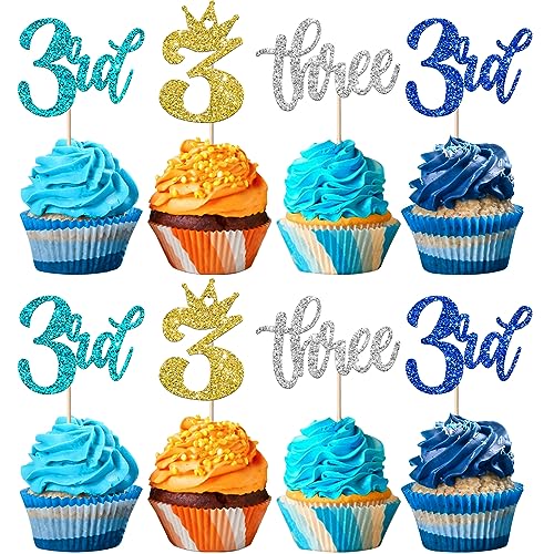 24 Stück 3rd Geburtstag Cupcake Toppers Glitzer Dritte Geburtstag Tortendeko Three Kuchen Deko mit Crown Happy Birthday Kuchen Dekorationen für Baby Dusche Jahrestag Party Neu Buntes von SYKYCTCY