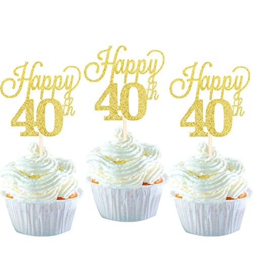 24 Stück 40 Cupcake Toppers Glitter"Happy 40th Birthday" Kuchen Topper Nummer 40 Achtzehn Sweet 40 Geburtstag Hochzeitstag Party Kuchen Dekorationen Zubehör Gold von SYKYCTCY