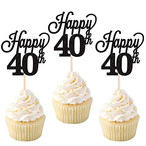 24 Stück 40 Cupcake Toppers Glitter"Happy 40th Birthday" Kuchen Topper Nummer 40 Achtzehn Sweet 40 Geburtstag Hochzeitstag Party Kuchen Dekorationen Zubehör Schwarz von SYKYCTCY