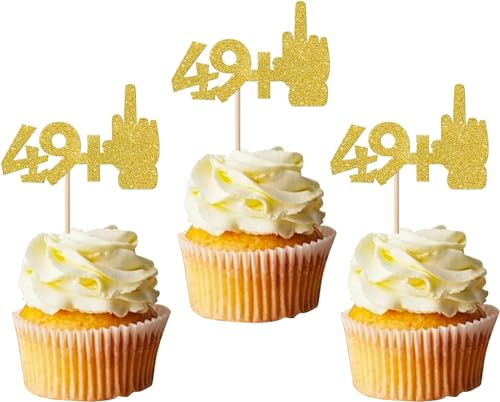 24 Stück 49+1 Tortendeko Glitzer 50th Geburtstag Cupcake Toppers Cheers to 50 Mittlerer Finger Kuchen Deko für Happy 50th Geburtstag Cupcake Dekorationen Gold von SYKYCTCY