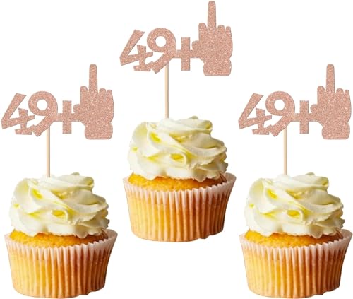 24 Stück 49+1 Tortendeko Glitzer 50th Geburtstag Cupcake Toppers Cheers to 50 Mittlerer Finger Kuchen Deko für Happy 50th Geburtstag Cupcake Dekorationen Rosegold von SYKYCTCY