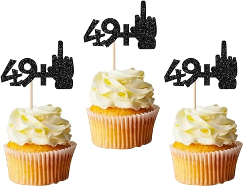 24 Stück 49+1 Tortendeko Glitzer 50th Geburtstag Cupcake Toppers Cheers to 50 Mittlerer Finger Kuchen Deko für Happy 50th Geburtstag Cupcake Dekorationen Schwarz von SYKYCTCY