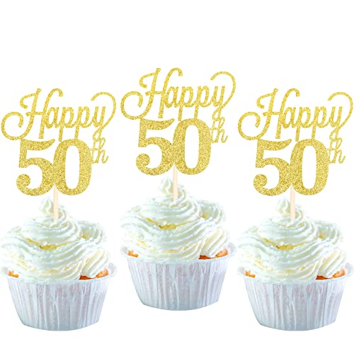 24 Stück 50 Cupcake Toppers Glitter"Happy 50th Birthday" Kuchen Topper Nummer 50 Achtzehn Sweet 50 Geburtstag Hochzeitstag Party Kuchen Dekorationen Zubehör Gold von SYKYCTCY