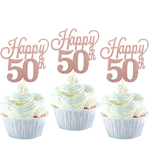 24 Stück 50 Cupcake Toppers Glitter"Happy 50th Birthday" Kuchen Topper Nummer 50 Achtzehn Sweet 50 Geburtstag Hochzeitstag Party Kuchen Dekorationen Zubehör Rose Gold von SYKYCTCY
