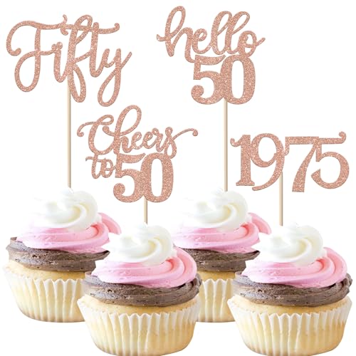 24 Stück 50 Geburtstag Cupcake Toppers Glitter Fifty seit 1974 Prost auf 50 Cupcake Picks Hallo 50 Jahre Geburtstagskuchen Dekorationen für glückliche 50 Geburtstag Jubiläum Party Supplies Roségold von SYKYCTCY